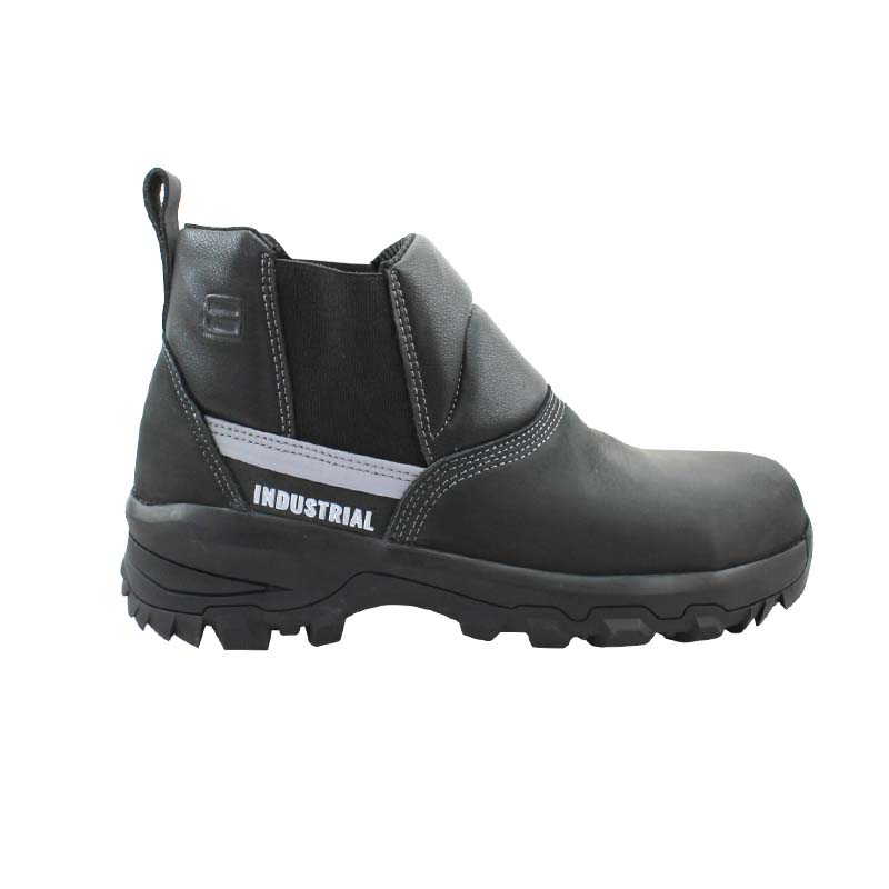 Bota de Seguridad Industrial Tipo Chelsea en Cuero Negro con Cinta Reflectiva