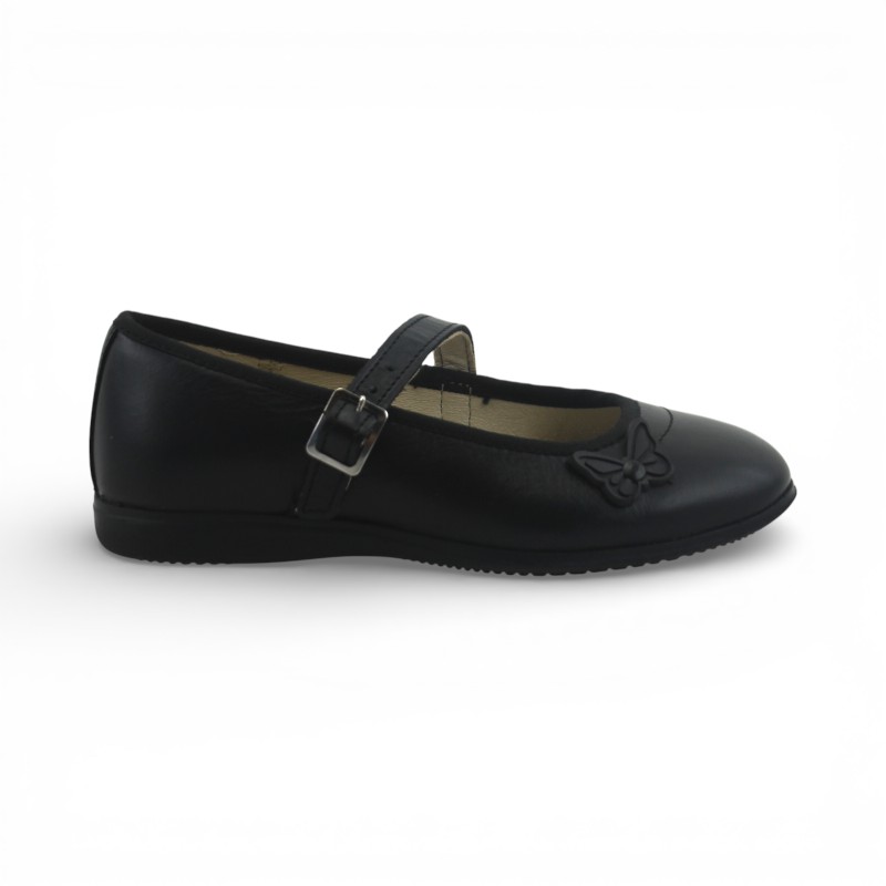 Zapato Escolar Niña Negro Buestán - 100% Cuero Mary Jane Mariposa