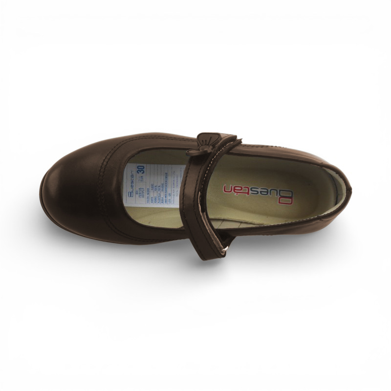 Zapato Escolar Niña Café Buestán - 100% Cuero Mary Jane Moño Pega