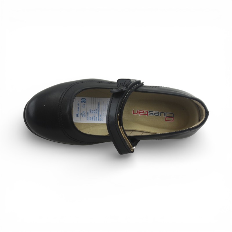 Zapato Escolar Niña Negro Buestán - 100% Cuero Mary Jane Liso Moño